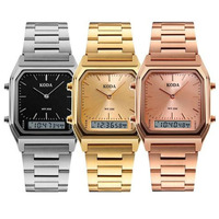 Montre numérique à double fuseau horaire LED1519 avec logo personnalisé, bracelet en acier inoxydable rectangulaire de luxe, largeur 20 mm, couleur or, boîtier en alliage unisexe