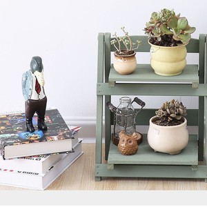 Retro Green Two Layer Folding Wood <b>Shelf</b> With Plants And Books Storage Organizer <b>Desktop</b> Rack - Product Image 1