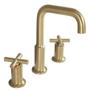 Torneira para banheiro, torneira de bronze escovado dourado dupla cruz com 3 orifícios generalizados para banheiro