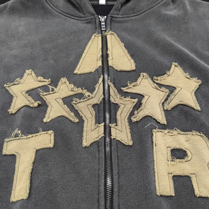 Sweat à capuche avec patch de broderie vieilli avec fermeture éclair 100% coton vintage personnalisé Sweats à capuche surdimensionnés avec patchs en détresse - Product Image 1