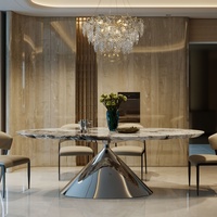 Table à manger ovale en pierre frittée avec 4 chaises et pieds robustes en acier au carbone pour hôtel, villa, maison et restaurant, usage quotidien
