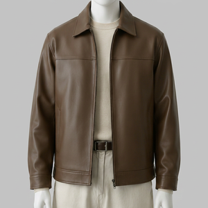 Veste en cuir véritable marron pour homme, col rabattu, fermeture éclair, style décontracté - Product Image 1