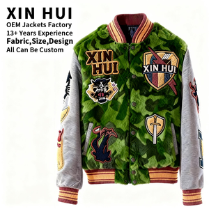 Custom Luxury Green <b>Camo</b> Faux Fur Varsity Bomber <b>Jacket</b> Men's High Quality Chenille Patch Embroidery Wool Blend Winter Fleece - Product Image 1