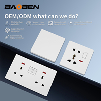 Panel de interruptor y enchufe BAOBEN ultrafino tipo 86, blanco mate, para el hogar, 16A, de un solo interruptor con doble control, 5 orificios, con luz de neón