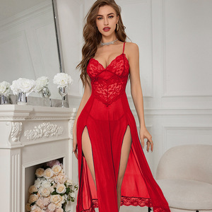 Ensemble nuisette longue en dentelle et résille sexy avec string, robe longue transparente à décolleté plongeant et double fente haute pour femme, lingerie de nuit, vente en gros - Product Image 4