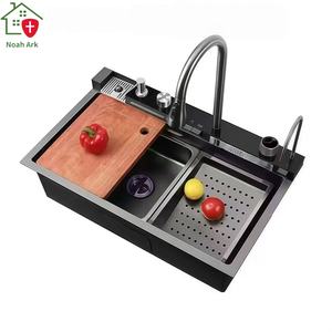 Évier de cuisine intelligent multifonction moderne en acier inoxydable 304 avec robinet cascade et affichage numérique LED, cuve unique - Product Image 1