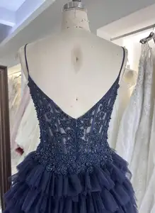 2023 Navy Beading Embroidery Boning Ruffle Ball Gown Prom Dresses