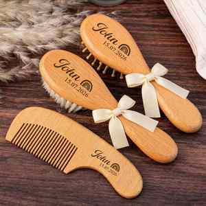 Lot de 3 brosses à cheveux personnalisées pour bébé avec nom gravé, ensemble brosse et peigne en bois pour nouveau-nés - Cadeaux de bienvenue - Product Image 1