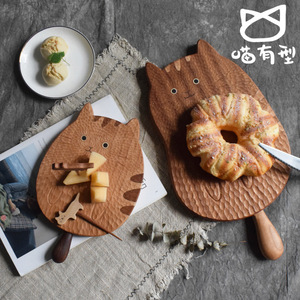 Planche à découper en bois massif en forme de chat, pour servir le petit-déjeuner, assiette en bois avec poignée, forme irrégulière, pour usage domestique - Product Image 2