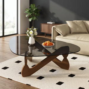 Table basse ovale moderne avec plateau en verre trempé, base en bois, design mid-century, meubles de salon - Product Image 2