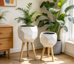 Pot de fleurs en béton géométrique moderne avec pieds en bois, jardinière d'intérieur pour plantes vertes, design minimaliste, lot de 2 - Product Image 2