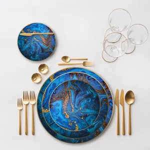 Ensemble d'assiettes de dîner en céramique bleue, vente en gros, fait à la main, pour fête de mariage, événement, restaurant ou hôtel, 12 pièces - Product Image 1