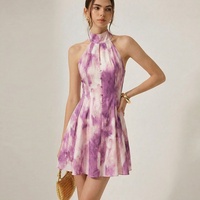 Robe Courte en Mousseline Tie-Dye Y2K Sans Manches, Col Halter Élégant, Coupe Trapèze, Style Vintage Quotidien Printemps-Été-Automne