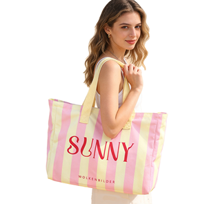 Bolsa de Playa de Lona de Algodón con Diseño a Rayas, Impresión Digital Personalizada <span class=keywords><strong>ECO</strong></span> GREEN, Gran Capacidad, con Cierre de Cremallera - Product Image 4