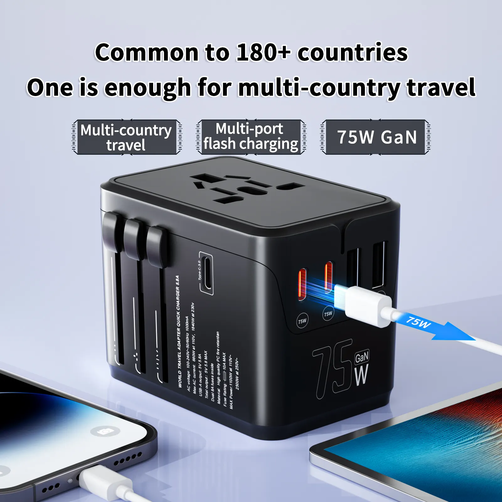 PD65W 2U3C USB-C 전원 어댑터 범용 여행용 어댑터 전세계 국제 플러그 여행용 어댑터에 편리