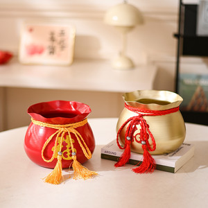 Runye Lucky <b>Money</b> <b>Pot</b> Iron Red Gold Round Desktop Decor For New Year Celebration - Product Image 2