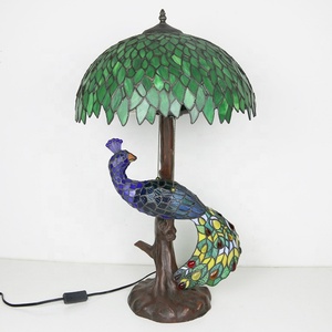 LongHuiJing 16Inch Green Leaf Stained Glass Tiffany Style Desk <b>Lamp</b> with Dome Shade AC Powered Resin Peacock Tree <b>Base</b> - Product Image 4