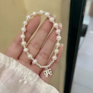 Bracelet en argent Sterling S925 avec perles d'eau douce naturelles pour femmes, cordon élastique blanc, bijoux cadeau - Product Image 1