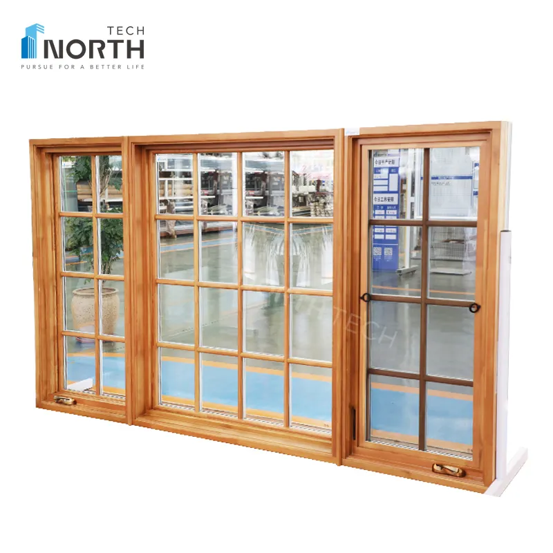 North Tech New Fashion Custom Aluminum Clad Wood Grillage Hand Grab Casement Windows With Removable Screen