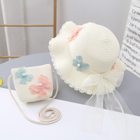 Chapeaux de Paille Doux pour Filles et Enfants Go Party, Ensembles Chapeau de Plage et Sac à Main pour l'Été, Mignons Chapeaux de Princesse en Dentelle et Sacs de Paille, Ensembles Deux Pièces