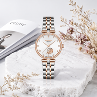 Montre de luxe pour femme en acier inoxydable à quartz, cadran en verre, mouvement à aiguilles, design phase de lune