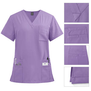 Conjunto de Uniformes Médicos Unisex Color Morado que Absorben la Humedad |   Top de Manga Corta con Cuello <span class=keywords><strong>en</strong></span> V y Pantalones con Cordón Ajustable, 94% Poliéster, 6% Elastano |   OEM - Product Image 1