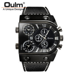 OULM-Reloj de pulsera de cuarzo para hombre, cronógrafo deportivo con correa de cuero, 3 zonas horarias, color negro, 9315 - Product Image 4