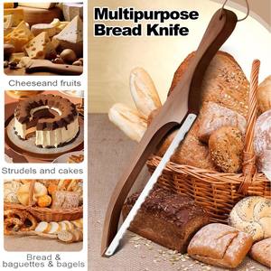 Cuchillos de pan con lazo casero, hoja afilada de acero inoxidable, corte uniforme, rebanador de pan, Baguettes, mango de madera, <span class=keywords><strong>cuchillo</strong></span> para pan de masa fermentada - Product Image 6