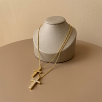 316L Edelstahl Kreuz-Schmuckset mit Zirkonia-Besatz, Goldton, Halskette und Ohrringe, Hypoallergen, Individuelles Design