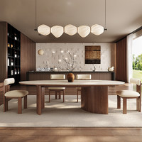 Table à manger moderne et unique en forme de larme, design irrégulier avec plateau en dalle de pierre et structure en bois massif – idéale pour salon, hall ou table de loisirs