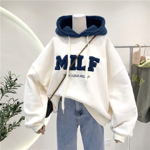 Sudaderas <span class=keywords><strong>con</strong></span> <span class=keywords><strong>capucha</strong></span> de gran tamaño 2024 para <span class=keywords><strong>mujer</strong></span>, terciopelo de pelo de cordero 50% <span class=keywords><strong>con</strong></span> costuras de letras, viento BF para invierno - Product Image 3