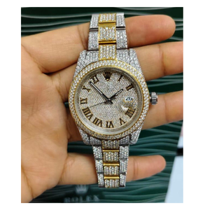Reloj de pulsera automático para hombre, estilo Hip Hop, con números romanos de dos tonos, chapado en oro y plata, con diamantes incrustados. - Product Image 1