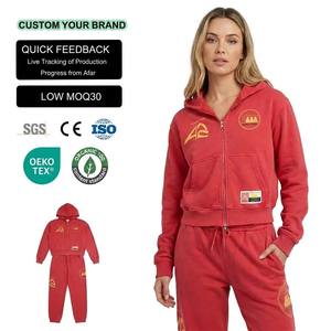 Conjunto Deportivo de Mujer en Algodón, Sudadera con Capucha y Cierre Completo, Pantalones de Color Sólido con Bolsillos Laterales, Diseño Estampado Ecológico - Product Image 1