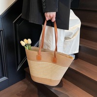 Bolso de Mano de Paja Moderno y Sencillo, Bolso Tote Grande Tejido a Mano para Mujer, Color Sólido, Cierre Abierto, Estilo Casual de Verano
