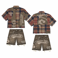 Ensemble de t-shirts d'été personnalisés pour hommes, en denim court tricoté avec design à empiècements et impression sérigraphiée, style streetwear, t-shirt vieilli, vente en gros