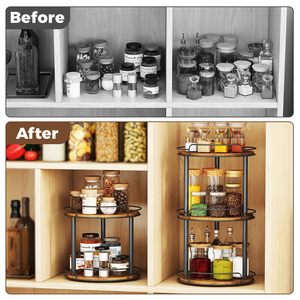<b>Rotating</b> <b>Spice</b> <b>Rack</b> Double Layer Wooden Kitchen Storage Organizer With Iron Frame For Seasoning And Oil Bottles - Product Image 3