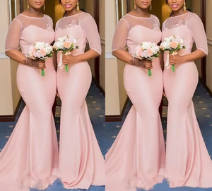Robes de <span class=keywords><strong>demoiselle</strong></span> <span class=keywords><strong>d</strong></span>'<span class=keywords><strong>honneur</strong></span> en satin silhouette sirène, couleur blush, manches courtes transparentes, <span class=keywords><strong>d</strong></span>écolleté illusion, traîne balayante, robes de soirée formelles - Product Image 5
