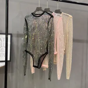 2024 glänzender strass fischnetz jumpsuit netz perspektive mode sexy strampler damen nachtclub party bodysuit