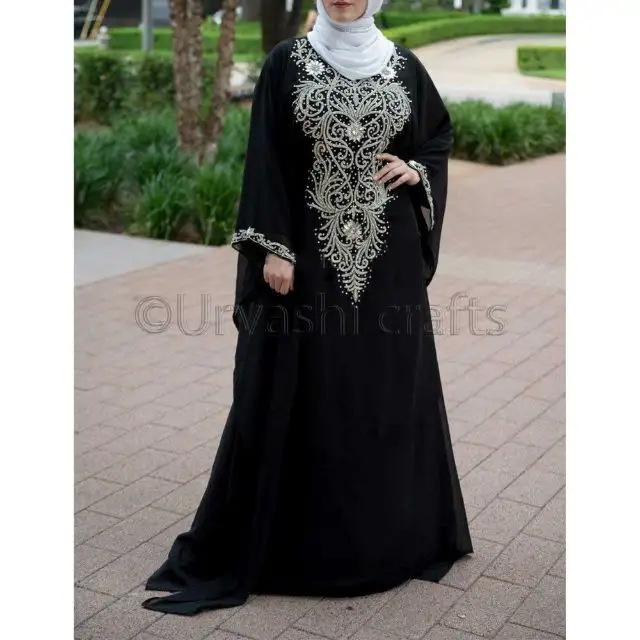 Tasarımcı siyah kaftan abaya moda gümüş boncuklu uzun kollu fas İslam kaftan