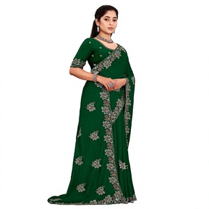 Vexotrend Indian CustomizationDesigner Women's Satin Chiffon <b>Saree</b> Embroidery Swarovski Patola Design Traditional Style Wedding - Product Image 1
