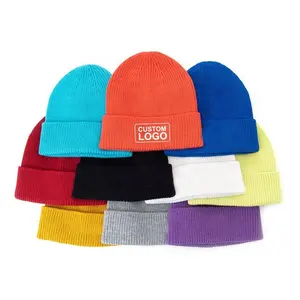 Wholesale 100% Wool Knitted Custom Woven Label Logo Beanie Winter Cap Hats For Kids Women Men