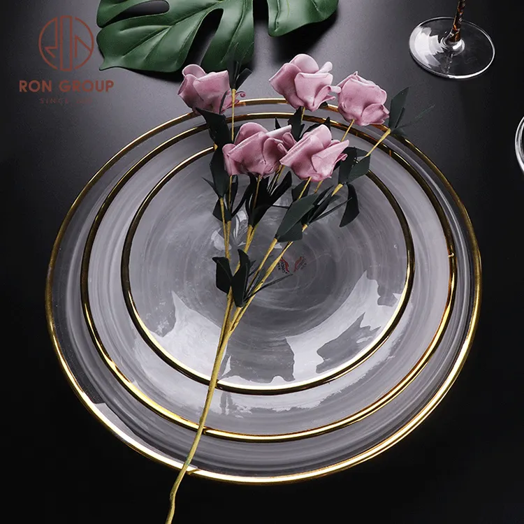 Decorative Clear Tableware Rim Charger Plates Transparent Gold Glass Hot Sale Event Party Small Round Wedding Plate Dish Custom