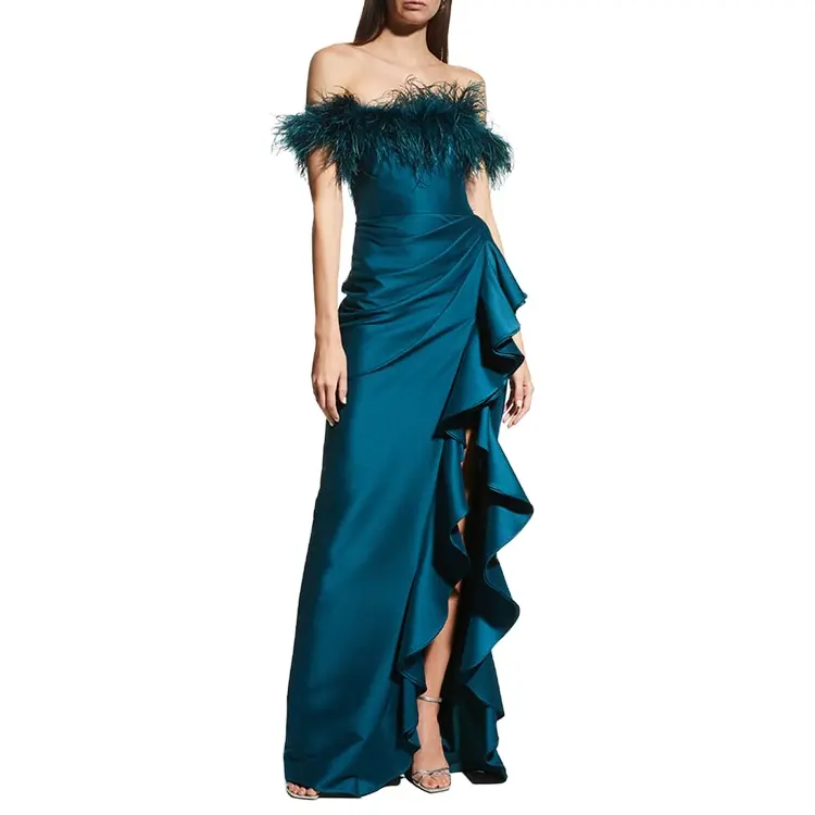 Private Custom High Fashion Trim Silky Corset Bust Satin Off Shoulder High Slit Feather Ruffle Gowns