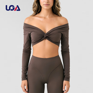 Custom Women Contrast Stitching Twist Deep V Soft Ballet Wrap Top Gym Workout Activewear Long Sleeve Crop Yoga Top