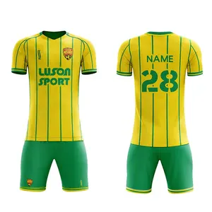 Uniformes de fútbol de tela suave con logotipo personalizado, Color amarillo y verde, calidad barata, bajo precio