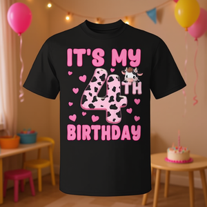 Camiseta de cumpleaños para niña de 4 años con estampado de vaca, cuello redondo, manga corta, camiseta de fiesta para niños - Product Image 3