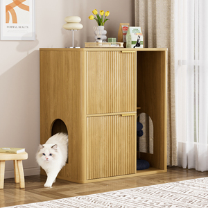 Mueble para arena de gatos de madera clara de 31.5 pulgadas con árbol para gatos, puertas dobles y almacenamiento - Product Image 2