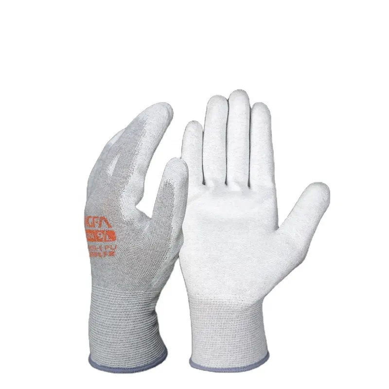 Non-Slip and Anti-Static Nylon Carbon Fiber Knit and White PU Coated Industrial Protective Gloves