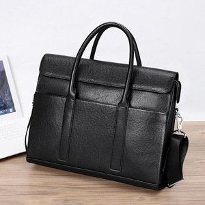 Men's Genuine <b>Leather</b> <b>Briefcase</b> Large Capacity Horizontal Square Tote Bag For Business Travel Black - Product Image 1