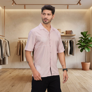 <b>Men's</b> Light <b>Pink</b> Short Sleeve Casual <b>Shirt</b> Solid Color Turn Down Collar Viscose Rayon Breathable Embroidered Anti UV Winter Wear - Product Image 2